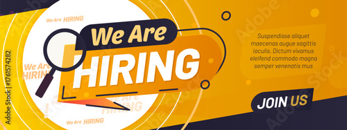 We are hiring and join our team banner for job vacancy search, vector background. We are hiring and join us banner with magnifier for social media post of HR employment and work offer message