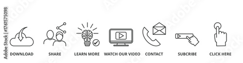 Call to action banner vector illustration concept with icon of download, share, learn more, watch our video, contact us, subscribe, and click here
