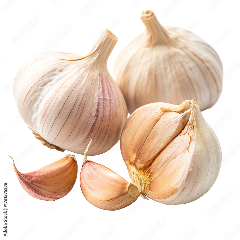 Obraz premium Three whole garlic bulbs and two separated cloves isolated on transparent background