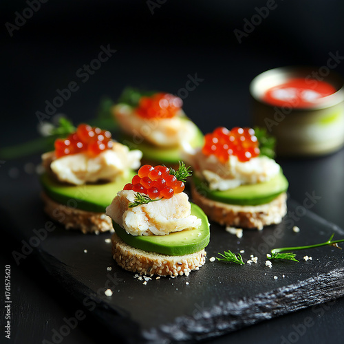 Wallpaper Mural Gourmet mini canapés featuring crab meat salad, avocado slices, and red salmon caviar, elegantly arranged on a dark slate board. Torontodigital.ca