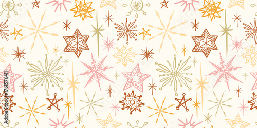 Seamless pattern with ink doodle snowflakes and stars.  Hand drawn vector illustration. Naive childish design. Elegant Christmas background, wrapping paper.