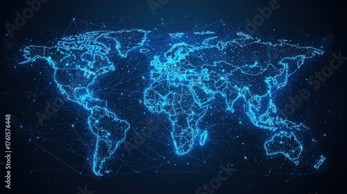 Wallpaper Mural A digital map of the world featuring interconnected lines and glowing points, showcasing a futuristic, tech-inspired design. Torontodigital.ca