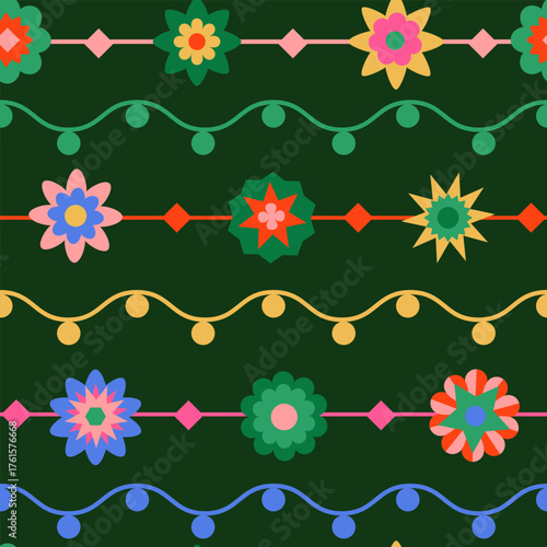 Seamless Christmas pattern with vintage foil light reflectors on horizontal stripes. Trendy aesthetic minimalistic background. Hand drawn vector illustration. Boho, decorative, winter wallpaper.