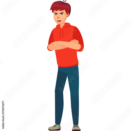 Фототапет Cartoon Male Character Standing Arms Crossed With Angry Expression Wearing Red H
