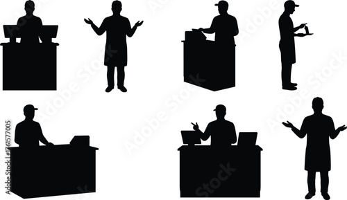 Silhouette illustration of cashier workers at counter desk using computer and cash register, shop service staff, retail store employee vector design.