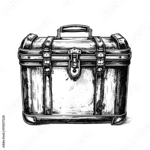 Vintage wooden treasure chest drawing featuring detailed metal accents, sturdy handle, and intricate wood grain texture, ideal for adventure or history themes.