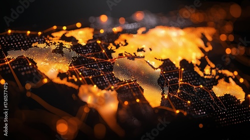 A digital map of the world illuminated by orange dots, showcasing a network of connections against a dark background.