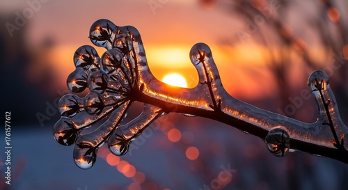 Ice-covered branch at sunset, capturing the beauty of winters embrace.
