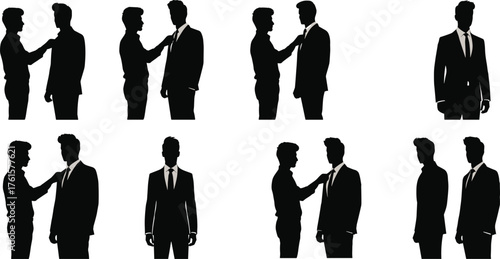 Silhouette of businessmen adjusting suit and tie, professional office workers in teamwork, corporate partnership concept vector illustration design set