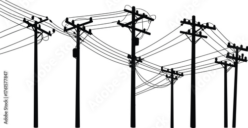 Silhouette of electricity power poles with utility lines, communication infrastructure, urban network, industrial energy, distribution system, vector illustration design