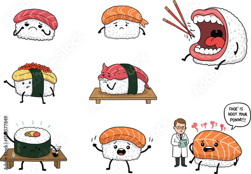 Funny cartoon sushi characters, cute expressions, Japanese food humor, emotional sushi faces, kawaii style, seafood comics, creative sushi art, illustration