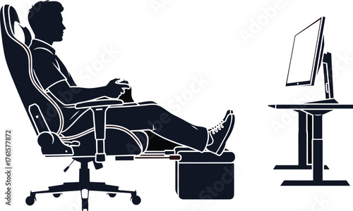 Silhouette of Gamer Reclining in Ergonomic Chair with Controller and Monitor for Comfortable Gaming Setup and Vector Design Illustration