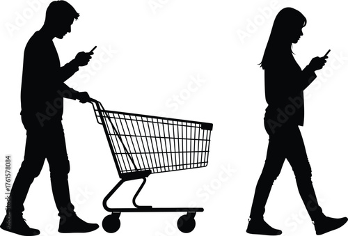 Silhouette of Man and Woman Using Smartphones While Shopping with Cart Depicting Modern Digital Lifestyle and Technology Addiction Concept