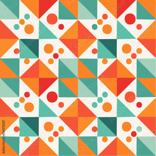 Geometric pattern with triangles and circles in vibrant colors.