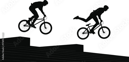 Silhouette vector illustration of BMX cyclist performing extreme stunt trick while jumping over stairs, urban freestyle action sport design for competition