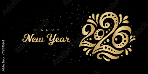 Happy New year 2026. The logo of number 2026 with curls. Vector web banner, poster, greeting for social networks and media. Gold logo 2026 on a black background with golden sequins