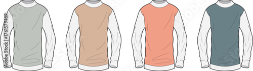 Four different colored long sleeve crew neck sweaters laid out side by side