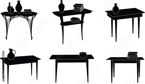 Silhouette vector illustration of decorative tables with vases, books, and objects, elegant black furniture design for home interior decoration