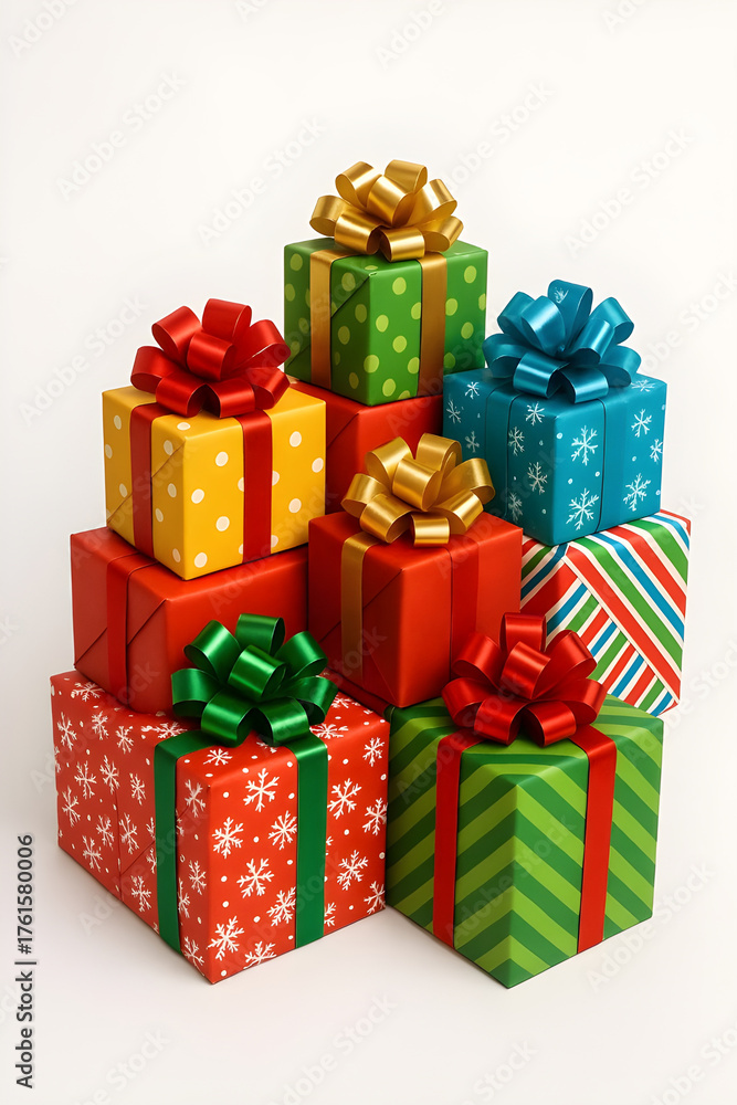 Fototapeta premium Pastel holiday gift boxes in blue and pink with polka dot wrapping paper and bows, a playful Christmas decoration for seasonal parties.
