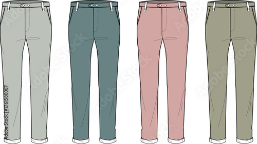 Fashion flat illustrations showcasing a versatile collection of four contemporary slim-fit trousers in modern colors, ideal for creating stylish casual and business casual outfits and design concepts