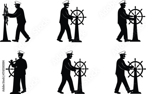 Silhouette vector illustration of ship captain steering wheel, nautical sailor at helm, marine navigation control, maritime officer boat steering design.