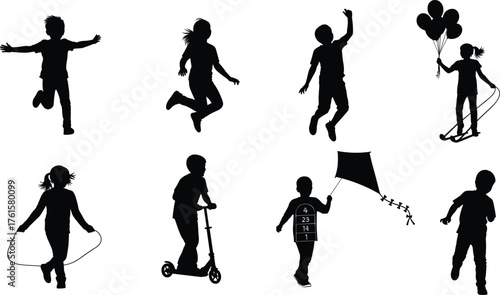 Silhouette vector illustration of playful children running, jumping, skipping, flying kites, and enjoying outdoor activities for kids’ lifestyle designs