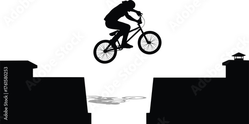 Silhouette vector of BMX cyclist performing dangerous extreme jump across gap between two buildings showcasing freestyle stunt action urban sport adventure.