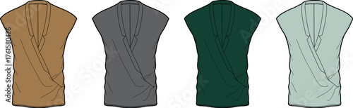 Collection of Four Stylish Sleeveless Blouses in Earthy and Cool Tones for Fashion Concepts
