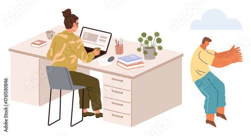 Woman focused on laptop at organized desk with books, plant, and coffee, while man in fun gesture dances. Ideal for work-life balance, multitasking, creativity, humor, productivity relaxation work