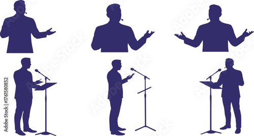 Silhouette vector of public speaker giving presentation with microphone and podium, business conference, seminar, motivational speech, professional communication illustration
