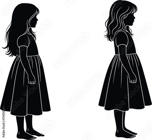 Silhouette vector of young girl in profile view with long hair and dress, standing pose for education, design, or analysis use