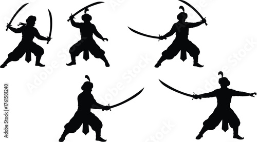 Silhouette warriors with swords illustration, traditional fighters in action poses, historical battle vector design for martial arts, combat, defense, strength.