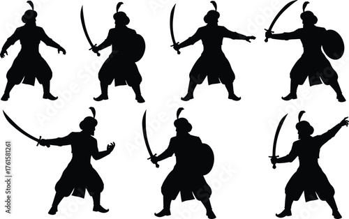 Silhouette warriors with swords and shields in battle poses, traditional fighters illustration, martial arts combat vector design for defense, strength.