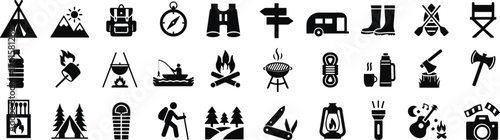 Set of 32 black camping and outdoor activity icons including gear, nature, hiking, fishing, cooking, and adventure symbols