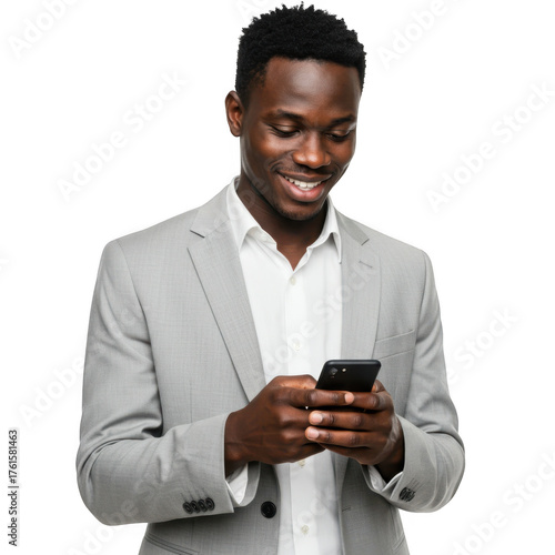 A smiling young black man in a light gray suit and white shirt looking down at his smartphone with a focused yet pleasant expression isolated on transparent background