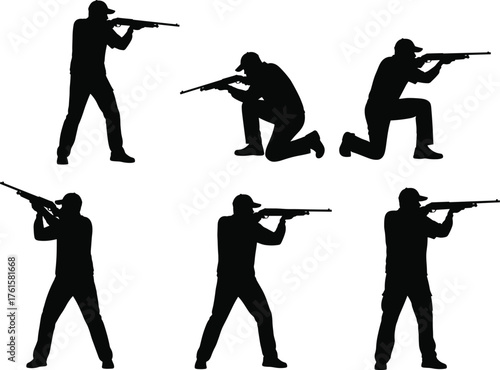Silhouettes of Rifle Shooters in Various Shooting Positions Including Standing, Kneeling, and Crouching for Hunting and Target Practice Illustration