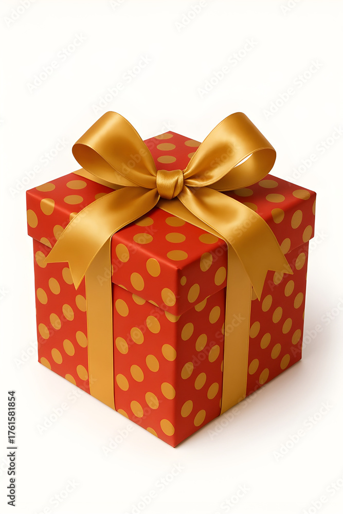Fototapeta premium Elegant red Christmas gift box tied with a luxurious golden ribbon bow, ideal for holiday presents, seasonal packaging, and Christmas photography props.