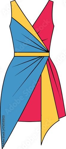 Sleeveless Red Dress with Blue and Yellow Draping, V-Neck Design, Asymmetrical Color Block Fashion Vector for Modern Apparel Concepts