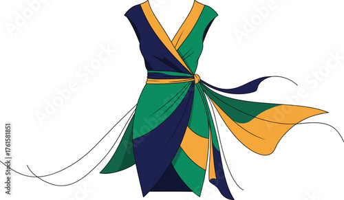 Sleeveless wrap dress with bold color blocking, V-neckline and flowing ribbons, fashion illustration for summer, resort, or casual wear.