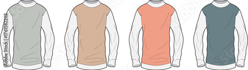 Vector illustration set of long sleeve sweatshirt technical sketches. Fashion design templates with different color block variations for clothing mockups