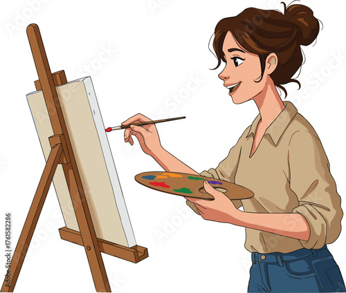 Smiling female artist painting creative artwork on canvas using paintbrush and palette, standing at easel in art studio vector illustration.