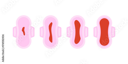 Sanitary menstrual pads showing different period blood flow day