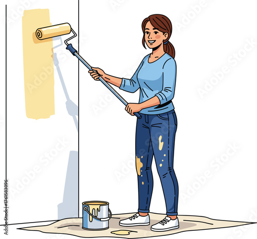 Smiling young woman painting wall with roller brush, casual clothes, home renovation illustration, DIY project vector design interior improvement