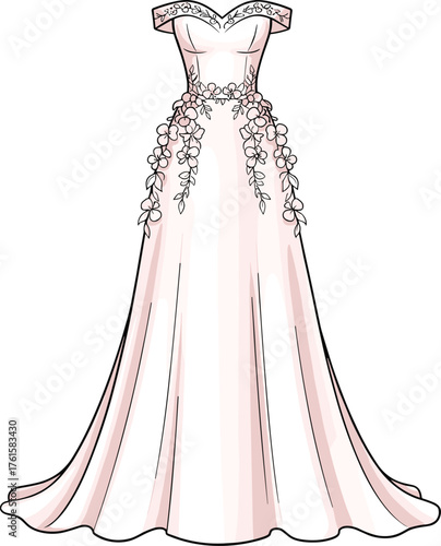 Soft Pink Off-Shoulder Gown with Floral Embellishments, Sweetheart Neckline and Flowing Pleated Skirt for Elegant Fashion Illustration