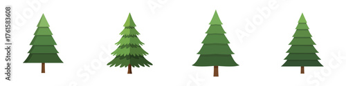 A set of four stylized evergreen pine or fir tree illustrations on a white background.