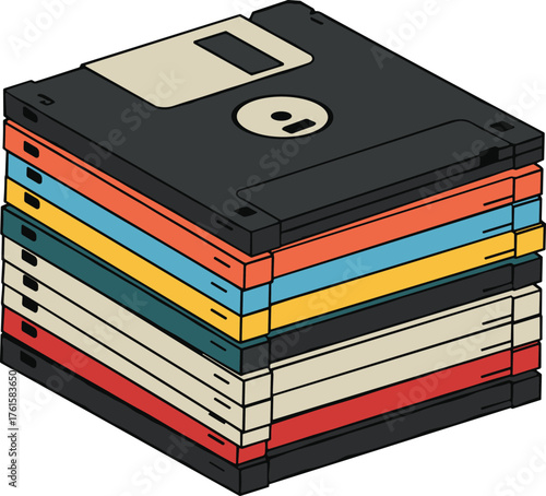 Stack of colorful vintage floppy disks vector illustration showcasing retro data storage technology, classic computing accessories, and obsolete media devices
