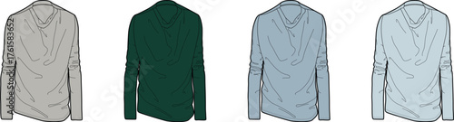 Four long-sleeved t-shirts in different colors, shown from the front, on a white background, perfect for fashion design sketches and clothing mockups
