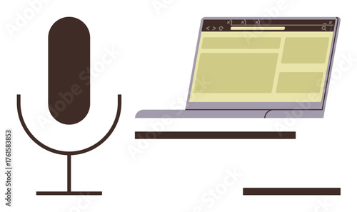 Microphone and open laptop suggesting online collaboration, streaming, or podcasting. Ideal for content creation, communication, remote work, technology, podcasting, digital learning broadcasting