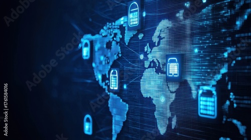 A digital representation of a global network with security locks, highlighting cybersecurity and data protection across continents.
