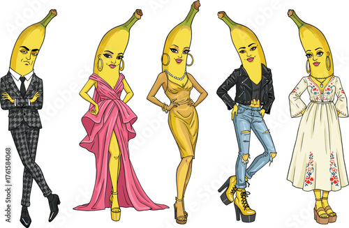 Funny banana characters in fashionable outfits, cartoon fruit fashion concept, stylish anthropomorphic bananas dressed in trendy modern clothing, humorous illustration